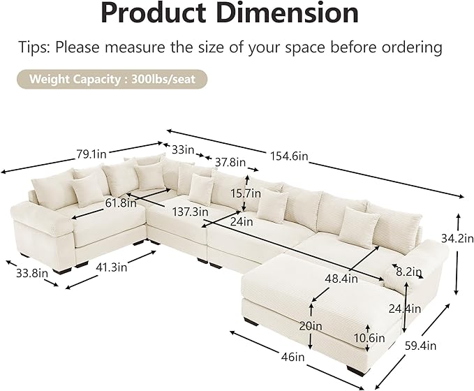 KEIKI 146" U-Shaped Oversized Corduroy Modular Cloud Sectional Sofa with 1 Ottoman, High-Density Foam Cushion, Extra-Thick Armrest, 5-Seater Fluffy Corner Couch with 18 Pillow, for Living Room, Beige
