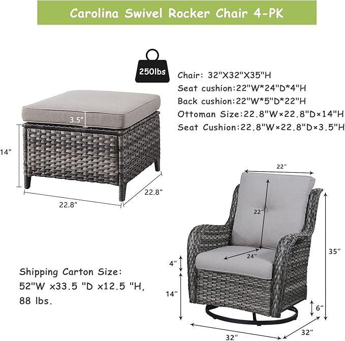Rilyson Wicker Patio Furniture Set - 4 Piece Rattan Outdoor Sectional Conversation Sets with 2 Swivel Rocking Chairs,2 Ottomans for Porch Deck Garden(Mixed Grey/Grey)