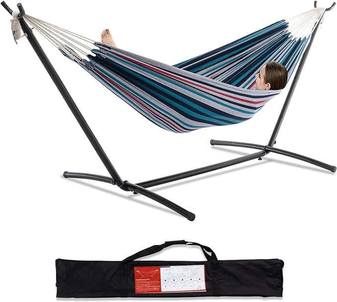 PNAEUT Double Hammocks with Stand for Outside, Portable Space Saving Heavy-Duty Steel Stand for Indoor Outdoor Patio with Carrying Bag, 450 lbs Capacity (Denim) by PNAEUT