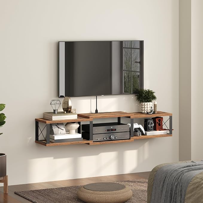MAHANCRIS 43.7” Floating TV Stand with Power Outlet, Wall-Mounted Entertainment Center, Floating Metal Frame Media Console Shelf for Under TV Storage, for Living Room, Bedroom, Rustic Brown TVHR101E01 - Image 8