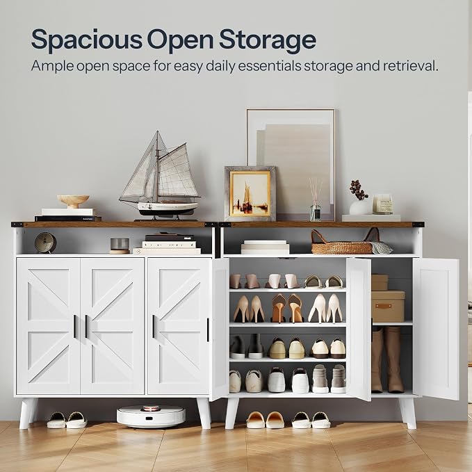HOOBRO Shoe Cabinet Storage for Entryway, Wooden Shoe Organizer Cabinet With 3 Doors, 39.4" Freestanding Shoe Cabinet Storage for Closet, Entryway, Large Capacity, Farmhouse, White and Walnut WH20SC01 - Image 4