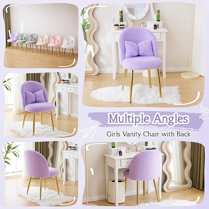 VINGLI Fluffy Girls Vanity Chair with Back & Pillow,Cute Small Cozy Desk Chair No Wheels,Comfy Makeup Ch with Ajustable Gold Legs,for Bedroom,Living Room,Small Space,Purple