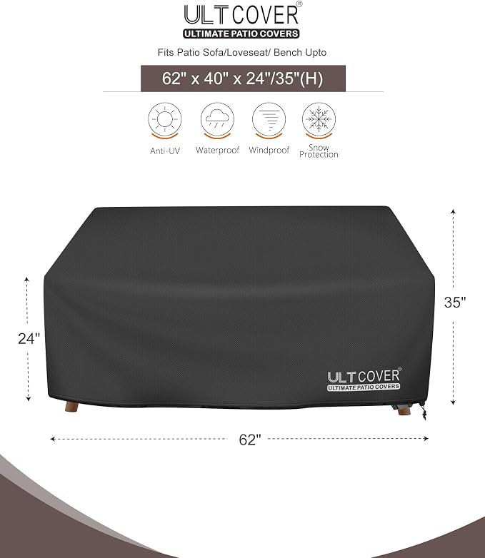 ULTCOVER Waterproof Outdoor Deep Seat Sofa Bench Cover 62W x 40D x 35H inch Patio Furniture Loveseat Cover, Black - Image 2