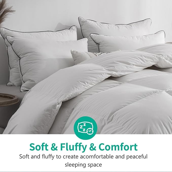 APSMILE Oversized King Feathers Down Comforter - Ultra Soft All Seasons 100% Organic Cotton Duvet Insert Medium Warm Quilted Bed Comforter with Corner Tabs (120x98, White)
