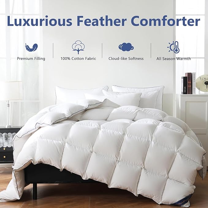 DOWNCOOL Feather Down Fiber Comforter Full Size, 100% Cotton Ultra Soft Fluffy Duvet Insert Full, All Season Luxurious Hotel Bed Comforter with Corner Tabs, White 82 x 86 Inch
