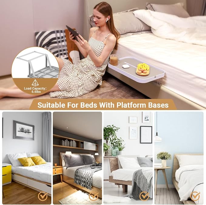KIWIFOTOS Bedside Shelf for Bed Bedside Tray Table Under Mattress for Box Spring/Plate/Platform Bed 17" Large Tray Nightstand Shelf Side Caddy for College Dorm - Image 3