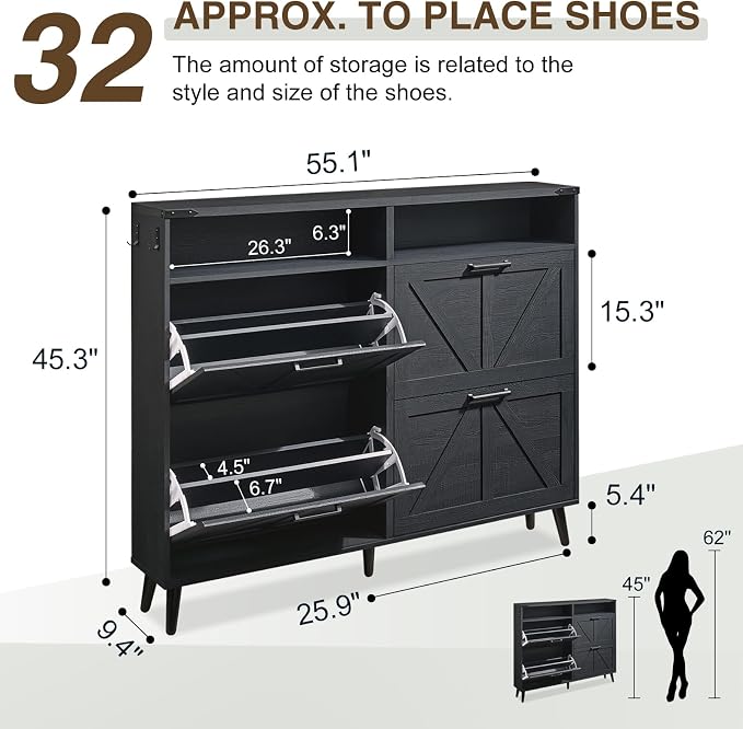 Shoe Storage Cabinet, Farmhouse Shoe Organizer with 4 Flip Drawers & Barn Door,Freestanding Hidden Slim Narrow Shoe Rack with Open Shelves for Entryway, Foyer, Hallway, Black - Image 2