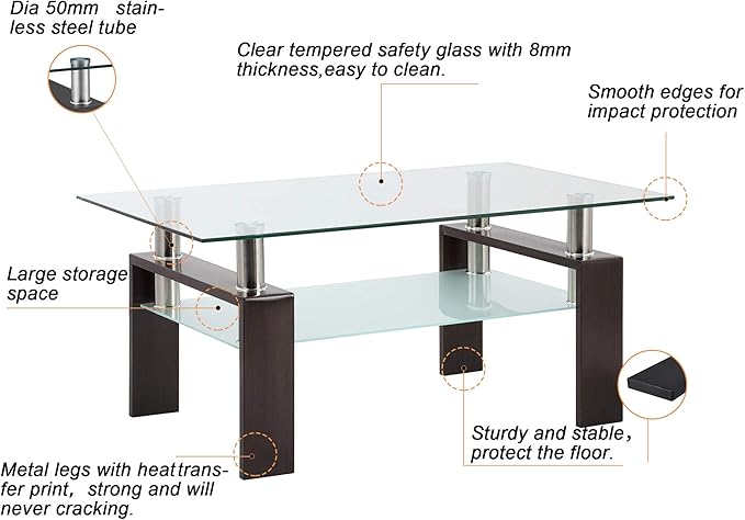 IANIYA Black Walnut Rectangle Tempered Glass Coffee Table Metal Tube Legs End Table for Livingroom
