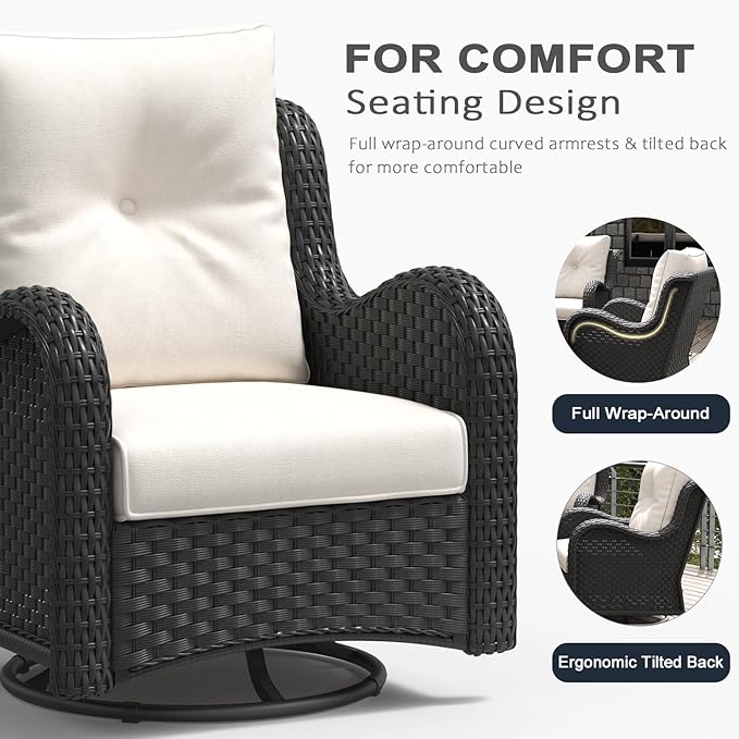 LayinSun 10 Pieces Outdoor Patio Furniture Set with Fire Pit Table, Rattan Wicker Sectional Swivel Rocker Chairs Sets with Ottomans, Swivel Glider Chairs and Coffee Table