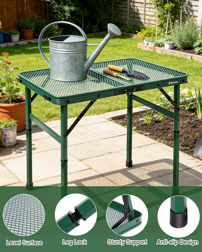 Small 2ft Folding Table with Carry Handle, Adjustable Height 10.6" or 22", Green Metal Mesh, Portable & Compact Indoor/Apartment/Card/Side/Grill Table, 23.6"Lx15.8"W, Lightweight 4 lb, 66 lb Capacity - Image 7