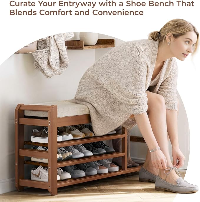 39.4" Bamboo Shoe Bench with Cushion, 6 Hooks Coat Rack, 3-Tier Adjustable Storage Bench for Entryway, Heavy Duty Shoe Rack Organizer with Removable Soft Cushion for Living Room Bedroom Hallway - Image 9