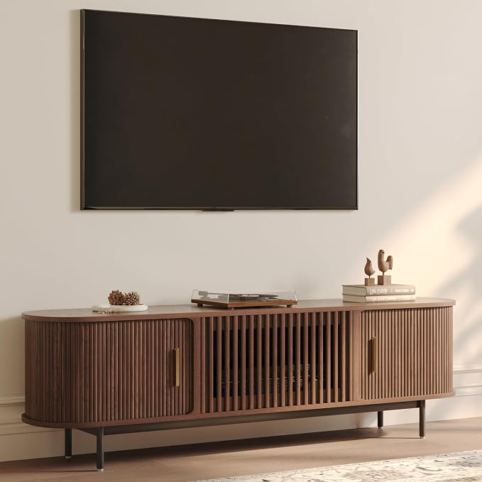 POVISON Fully-Assembled Mid Century Modern TV Stand for 65 inch TV, Sliding Door Entertainment Center with Storage, Wood TV Console, Media Console for Living Room Bedroom(Walnut, 70.87") by POVISON