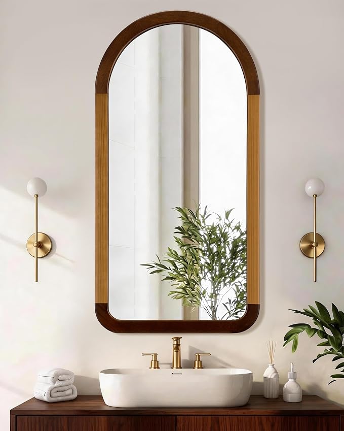 Arched Mirror 24 x 47 Inch,Brown Wood Rustic Bathroom Tempered Wall Mirror with Wood Frame,Round Corner Arch Farmhouse Wooden Vanity Mirror for Living Room,Entryway or Bedroom（Walnut Brown） - Image 3