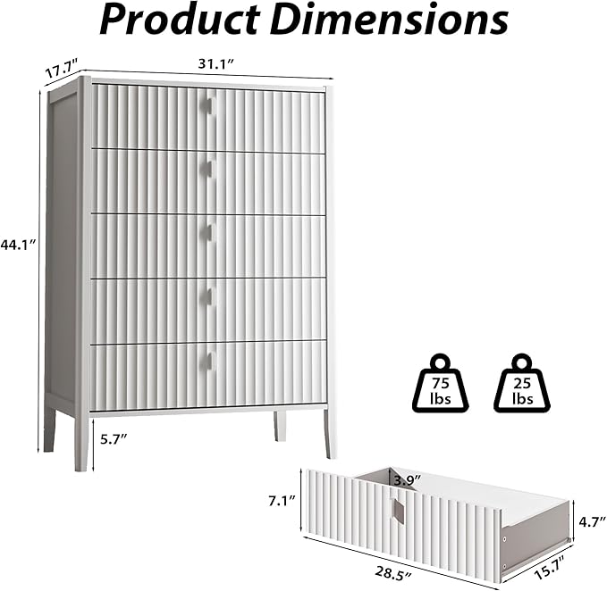 MAISONARIA 3-Piece Dresser Bedroom Set, 5 Drawer Dresser & 2 Drawer Nightstands with Metal Handles, Fluted Wood Chest of Drawers for Bedroom, Living Room, Entryway, White