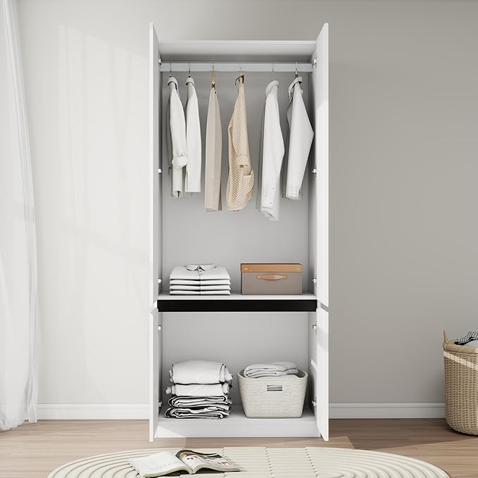 Bedroom Armoire Wardrobe Closet with 2 Doors: 75" White Wardrobe Cabinet for Clothes, Wooden Closet with Hanging Rod, Modern Armoire with Shelves (1)