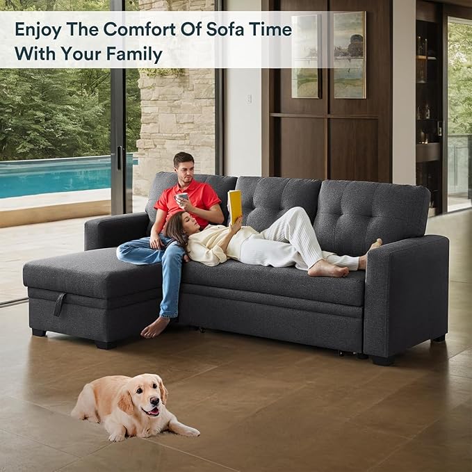 L Shaped Couch, 4 in 1 Pull Out Sofa Bed Sleeper, Sectional Sofa with Storage Convertible, Sofa Bed 82in Chaise Lounge for Living Room Apartment Dorm