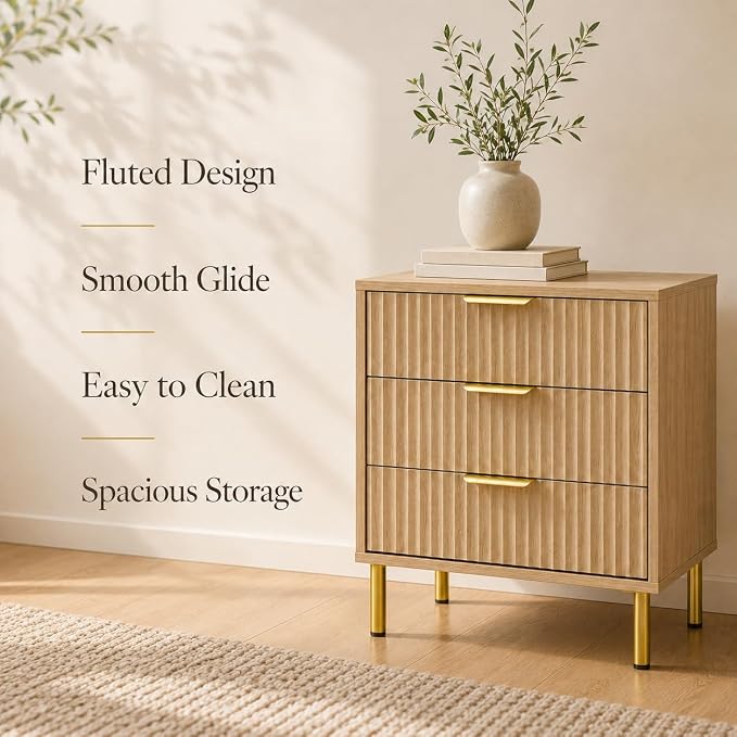 24" Tall Wood Nightstand, Mid-Century Modern Fluted Bedside Table with 3 Drawers, Small Oak Dresser, Japandi Ribbed Side Table with Gold Legs, 1-Pack - Image 9