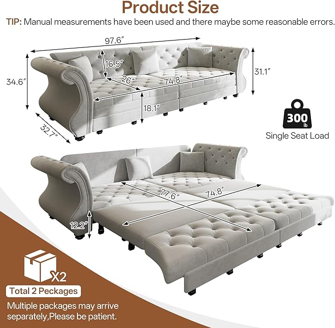 Eafurn Oversized 4-Seater Chesterfield Loveseat Convertible King Size Sleeper Couch Bed,Classic Tufted Velvet Pull Out Loveseat Sofa Bed with Roll Armrest and Solid Wood Legs