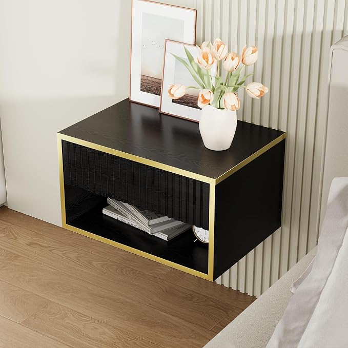 4ever2buy Floating Nightstand, Modern Night Stand with Drawer, Small Bedside Table End Table with Open Shelf Cubby, Wall Mounted Nightstand for Bedroom, Black and Gold - Image 6