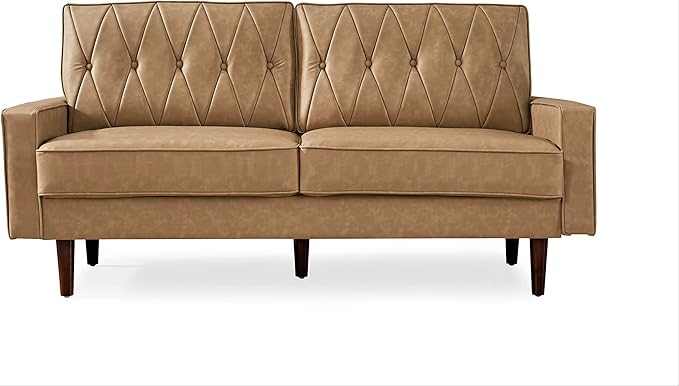 Container Furniture Modern Style Faux Leather Sofa with Elegant Round Tapered Legs and Button Tufted Backrest Perfect for Living Room, Bedroom or Home Office, 69.3’’ Wide, Camel