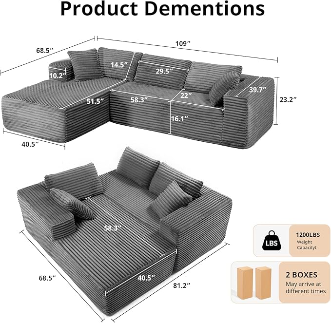 LUCKLIFE 108" Modular Sectional Couch with L-Shape Chaise,Corduroy Upholstery Boneless Couches for Living Room,Oversized Sleeper Sofa,No Assembly Required (Grey, L Shape with Left Facing Chaise)