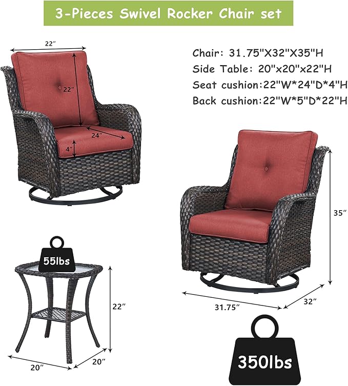 Rilyson Wicker Rocking Chair Swivel Chairs – 6 Piece Rocker Patio Furniture Set Rattan Rocking Bistro Sets with Glass Top Side Table for Outdoor Porch Deck Garden Backyard(Brown/Red)