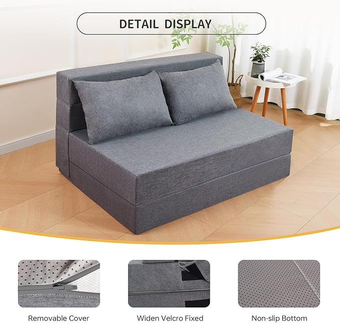 Folding Sofa Bed Twin Size, Foldable Sleeper Chair with 2 Pillows, Convertible Futon Sofa Bed with Washable Cover, Fold Out Couch for Living Room, Dorm, Guest Room, Standard Size, Light Grey