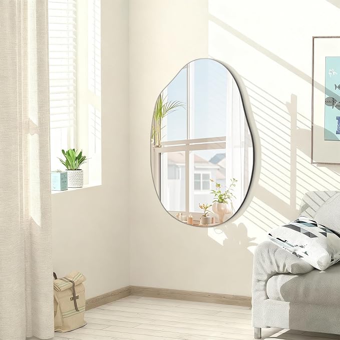Bathroom Wall Mirror Wood Framed Modern Decorative Irregular Asymmetrical Mirrors for Bedroom Living Room Entryway Dressing Table Wall Decoration Room Decor 26" L x 18" W - Image 2