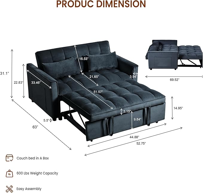 63" Sleeper Sofa with Pull-Out Bed, 3-in-1Folding Convertible Loveseat Sofa Bed with Side Pockets, Adjustable Backrest, Premium Velvet Fabric Futon Couches for Living Room