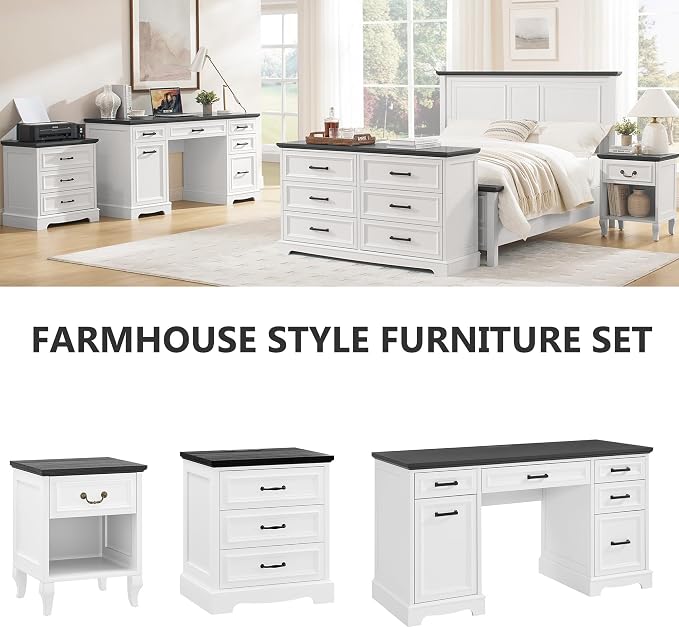 Farmhouse Nightstand Set of 2, Wood Night Stand with 3 Drawers and Charging Station Modern Bedside Table for Bedroom End Side Table Storage Cabinet Small 6 Drawers Dresser (2) - Image 8