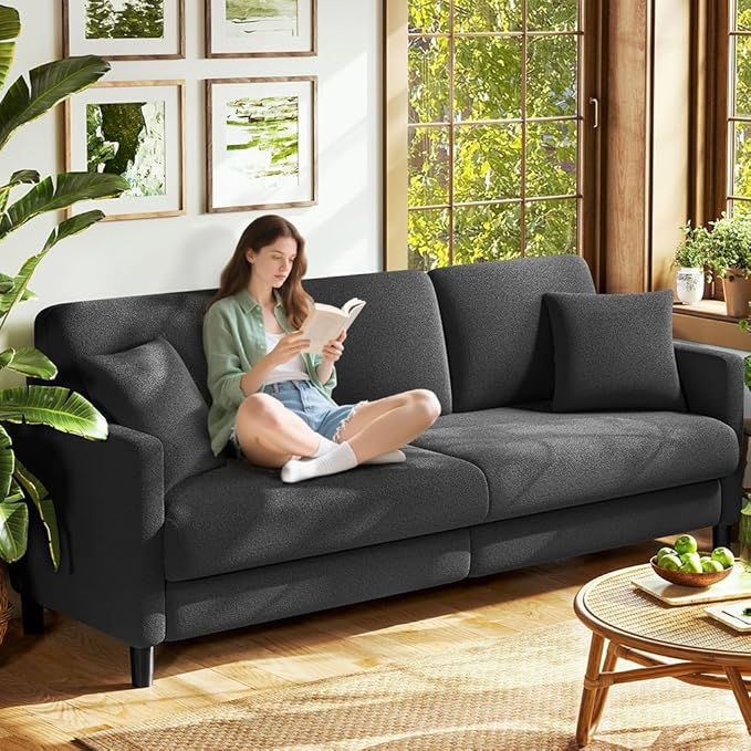 83" Couches for Living Room, Comfy Sofas for Living Room, Teddy Sofa Couch, Tool-Free Setup Loveseat Sofa, All-Wood Love Seat Couches, Small Couch 2 Pillows Included, Grey