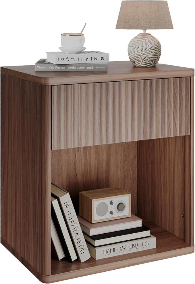 WLIVE Night Stand, Wood Nightstand with Storage Drawer and Open Shelf, Fluted Bedroom Nighstand, Mid Century Bed Side Table, End Tables Living Room, Dorm, Home Office, Carrocci Brown by WLIVE