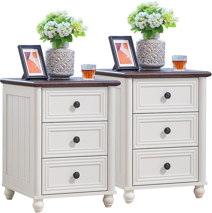 RWYHG 18" Farmhouse Night Stand Set of 2, White Wood Nightstand with 3 Drawers, Bedside End Table with Storage and Roman Column, Bed Side Tables Cabinet for Bedroom, Living Room, and Closet by RWYHG