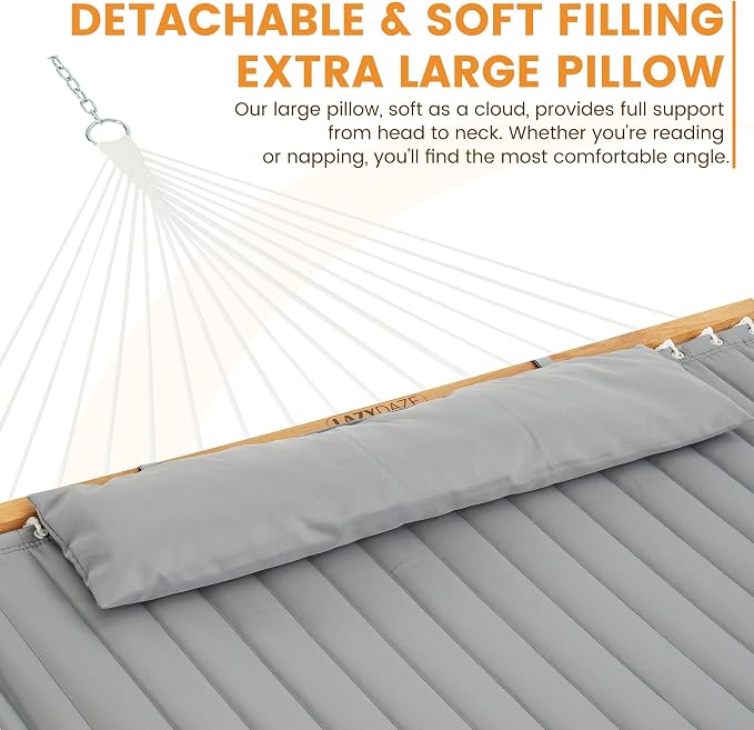 Lazy Daze Hammocks 12 FT Double Quilted Fabric Hammock with Spreader Bar and Detachable Pillow, 2 Person Double for Outside Patio Backyard, 450lbs Capacity, Light Gray - Image 3