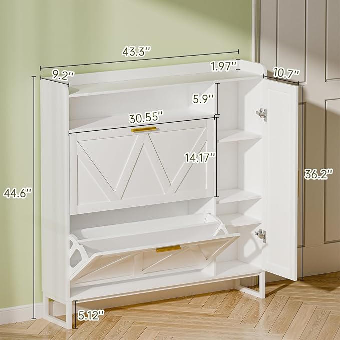 White Shoe Cabinet with 2 Flip Drawers Door, 43"W Hidden Shoe Organizer Cabinet Storage for Entryway, Closet, Boot, Adjustable Shelves, Narrow Shoe Rack Freestanding Cupboard, At Least 20 Pair - Image 2