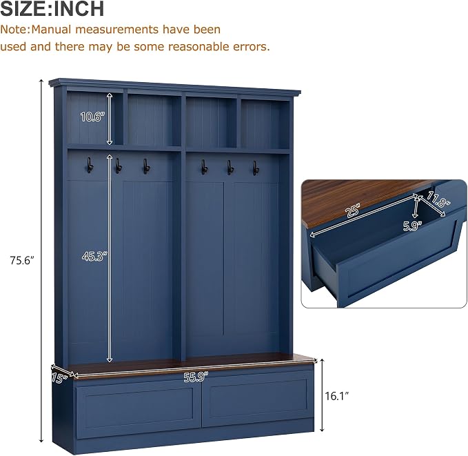 LUMISOL Farmhouse Entryway Hall Tree with Storage Bench, 4-in-1 Mudroom Shoe Cabinet with Open Compartments and 2 Large Drawers, Hallway Coat Rack with 6 Hanging Hooks, Blue - Image 2