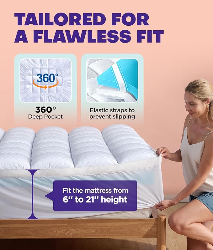 Dual Layer 4 Inch Memory Foam Mattress Topper for Pressure Relief with 4X Support, 2" Fluffy Pillow Top King Mattress Topper 50% Viscose Made from Bamboo Plus 2" Cooling Gel Memory Foam Mattress Pad