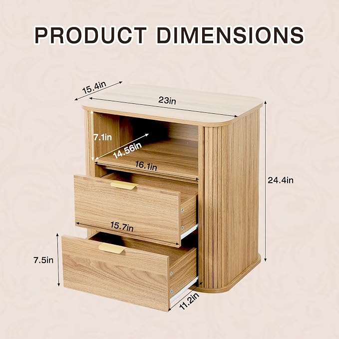 SoarFlash 2PCS Nightstand, Wooden Nightstand Set of 2 with 2 Drawers Storage, Curved Profile Design, Rustic Style for Bedroom, Light Oak - Image 2