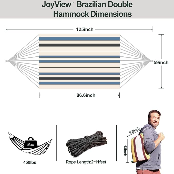JoyView Brazilian Double Hammock with Hanging Ropes Extra Large 86.6x59” Portable Cotton Hammock for Patio Backyard Porch 450LBS Weight Capacity Perfect for Outdoor/Indoor - Blue & White Stripes - Image 2