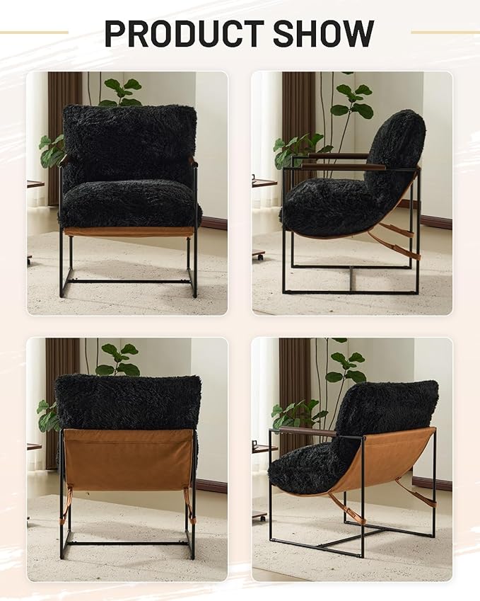 Karl home Modern Accent Chair Plush Fleece Upholstered Living Room Chair with Metal Frame Wooden Armrest Comfy Lounge Armchair for Living Room, Bedroom, Balcony, Reading Room, Black