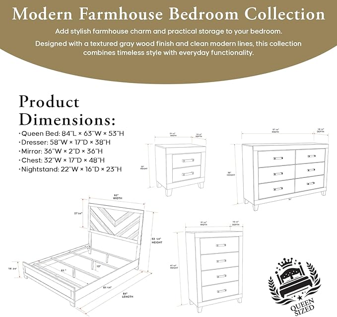 Kings Brand Furniture Napa Farmhouse 6-Piece Bedroom Set - Bed Frame with Headboard, Dresser and Mirror, Chest and 2 Nightstands (Queen)