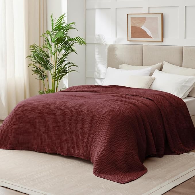 100% Cotton Muslin Blanket Queen 90" x 90", 6 Layers Breathable and Lightweight Cotton Throw Blankets for Bed, Soft Cooling Summer Gauze Blanket for Adults All Season, Burgundy