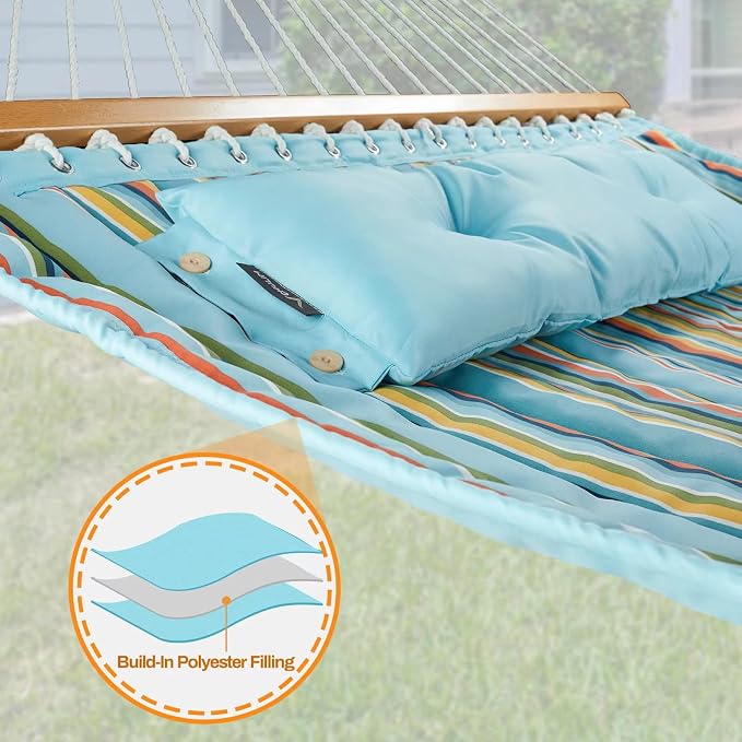 CHULIM 12 FT Double Quilted Fabric Hammock with Spreader Bars and Pillow 450 LBS Weight Capacity 2 Person Hammock for Outdoor Patio Backyard Poolside Blue Stripes - Image 5