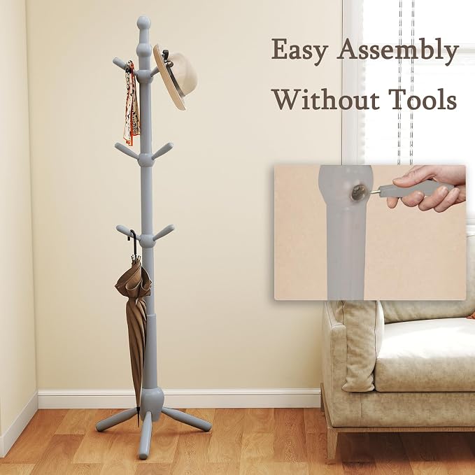 Solid Wood Coat Rack Stand, Vintage Heavy Duty Coat Hanger Stand with 9 Hooks, 3 Adjustable Size Sturdy Coat Tree for Living Room, Entryway, Office, Hallway, Grey - Image 4