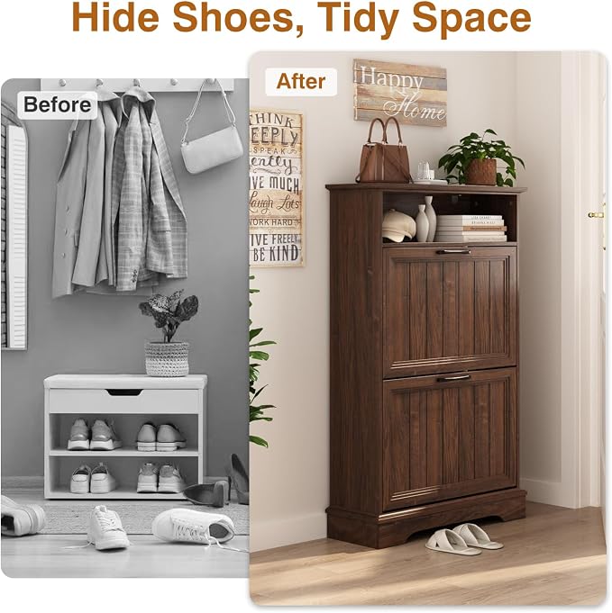 Shoe Storage Cabinet with 2 Flip Drawers, 24" W Farmhouse Modern Hidden Shoes Rack Cabinet with Adjustable Shelves & Open Storage, Narrow Slim Shoe Organizer for Front Door Entrance, Entryway, Walnut - Image 4