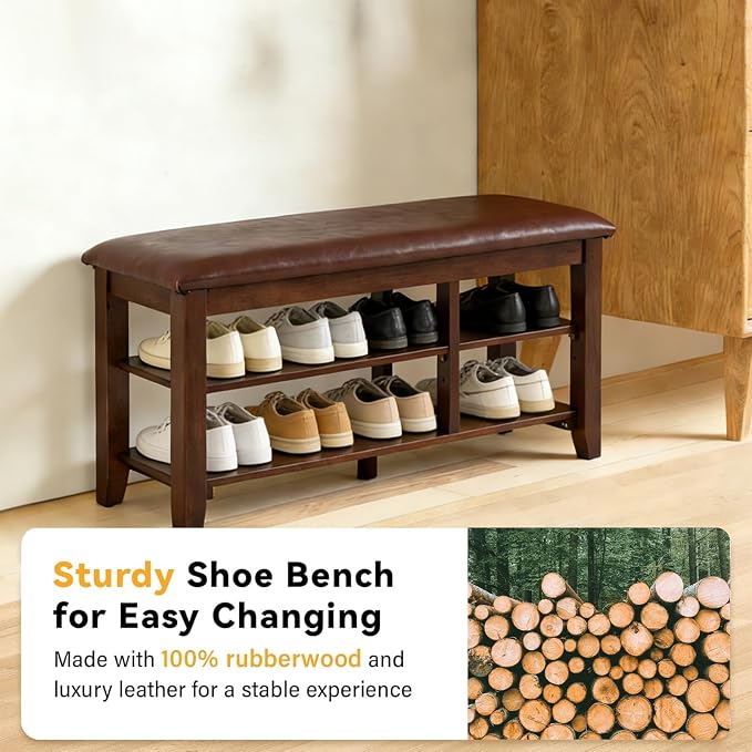 PY HOME & SPORTS Shoe Rack for Entryway 39.4": 2-Tier Shoe Storage Bench, Adjustable/Removable Shelves, Rubberwood Shoe Benches for Hallway, Porch, Bathroom, Brown - Image 4