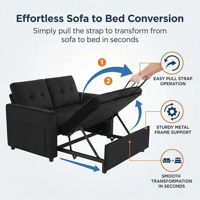 Casaphoria Pull Out Couch Bed, 3-in-1 Convertible Sleeper Sofa with Adjustable Backrest, Velvet Futon Loveseat with Side Pockets for Small Spaces, Living Room & Guest Room (Black)