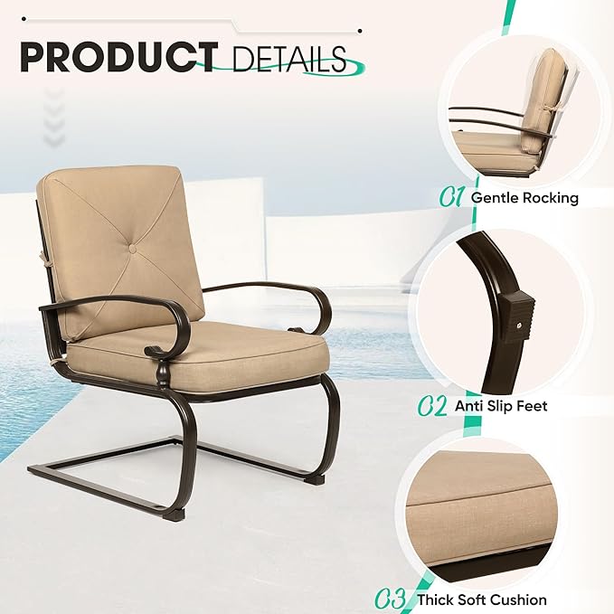 Incbruce 4Pcs Outdoor Metal Furniture Patio Conversation Sets (Glider, Bistro Table, 2 Spring Lounge Chairs) - Wrought Iron Outdoor Glider Chairs Sets (Brown)
