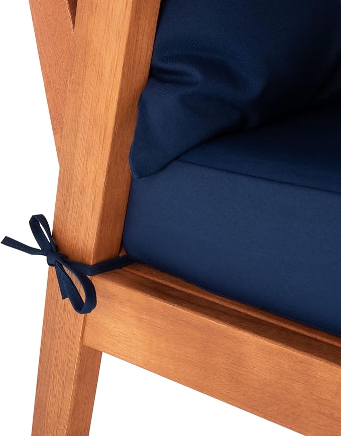 SAFAVIEH Outdoor Collection Deacon Natural Acacia Wood/Navy Cushion 4-Piece Conversation Patio Set with Accent Pillows