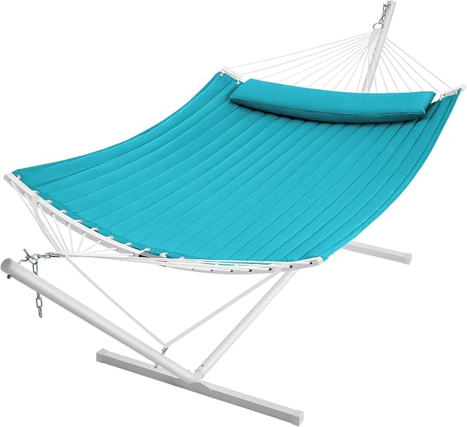 SUPERJARE Hammock with Stand, 2 Person Heavy Duty Hammock with Padded Cotton, Detachable Pillow & Strong Curved-Bar & Portable Carrying Bag, Perfect for Outdoor & Indoor, Sky Blue by SUPERJARE